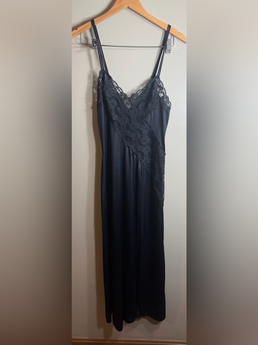Vintage Black Satin Lace Nightgown Slip Dress Womens Small Y2K Goth Glam